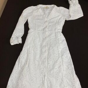 Michael Kors palm eyelet knit midi white long sleeves dress Size medium. SKU247